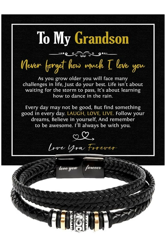 Personalized Leather Bracelet for Grandson, Back-to-School Gift for Him With Inspirational Card