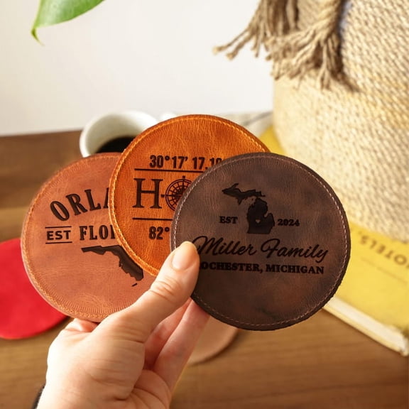 Personalized Leather Coaster Handmade Custom Engraved Round Drink Mat
