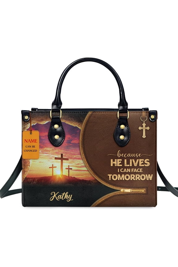 Personalized Leather Handbags For Woman - Christmas Gifts For Women - Christian Gifts, Because He Lives Design, Custom Name Bag