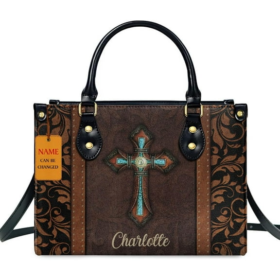 Personalized Leather Handbags For Women - Christmas Gifts For Women - Christian Gifts, Brown Cross Background, Custom Name Bag