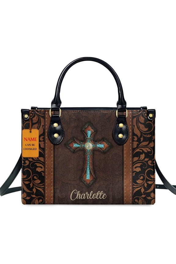 Personalized Leather Handbags For Women - Christmas Gifts For Women - Christian Gifts, Brown Cross Background, Custom Name Bag