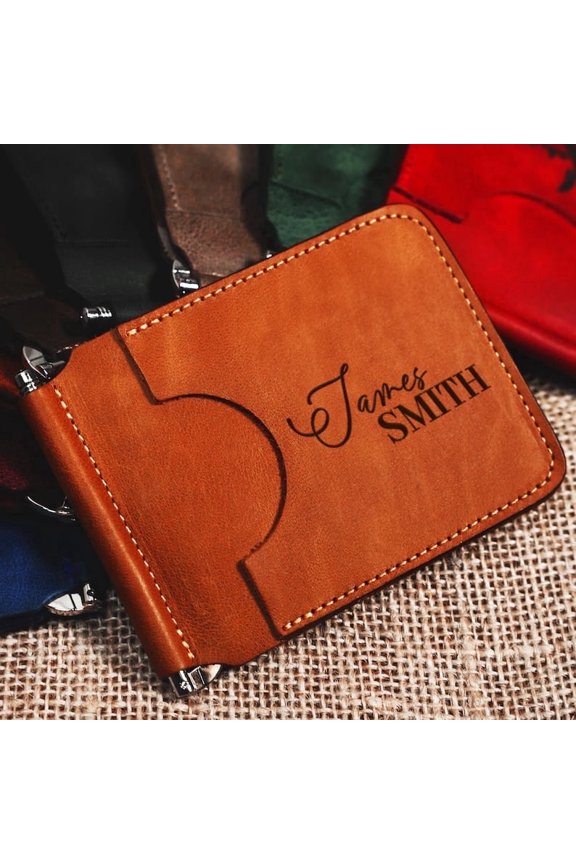 Personalized Leather Money Clip Wallet  Slim Bifold, Custom Engraved, Metal Clip