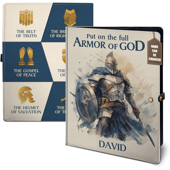 Personalized Leather Padfolio, Christian Gift for Men and Women, Custom Name, Folio Document Organizer, Laptop Sleeve, iPad Case and Folder (Full Armor of God)