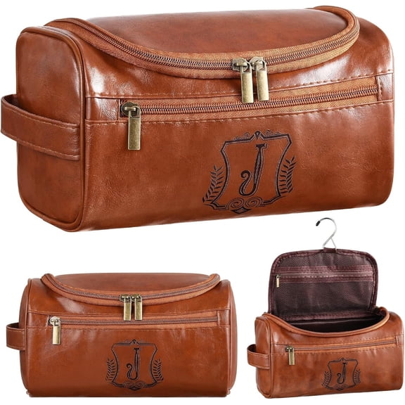 Personalized Leather Toiletry Bag for Men Initial Travel Bag with Hook Monogrammed Toiletry Pouch Leather Travel Bathroom Kit with Side Handle for Wedding Anniversary Birthday Gifts(J)