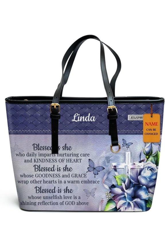 Personalized Leather Tote Bag For Women - Christmas Gifts For Women - Christian Gifts, Blessed is She, Custom Name Bag