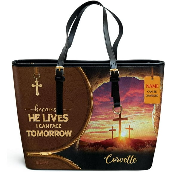 Personalized Leather Tote Bags For Women - Christmas Gifts For Women - Christian Gifts, Because He Lives, Custom Name Bag, Because He Lives, Custom Name Bag