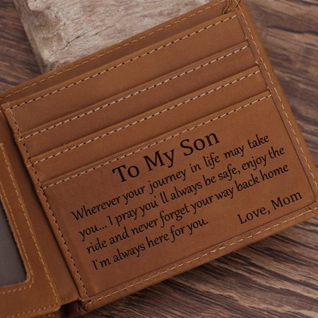Personalized Leather Wallet for Son by Mom, Brown Horizontal Wallet, 6 Credit Card Slots and 1 Photo Slot, Christmas Birthday Gift