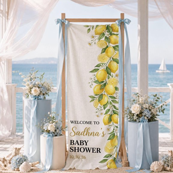 Personalized Lemon Theme Linen Welcome Banner, Citrus Garden Party Fabric Backdrop with Custom Name