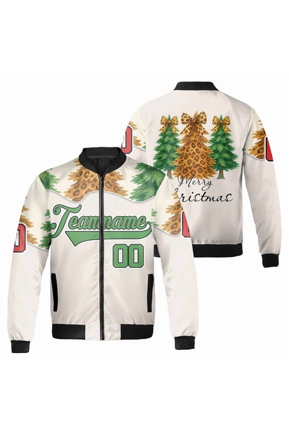 Personalized Leopard Christmas Tree Bomber Jacket, Custom Name & Number, Holiday Fashion Outerwear for Men & Women, Merry Xmas Gift, Festive Winter