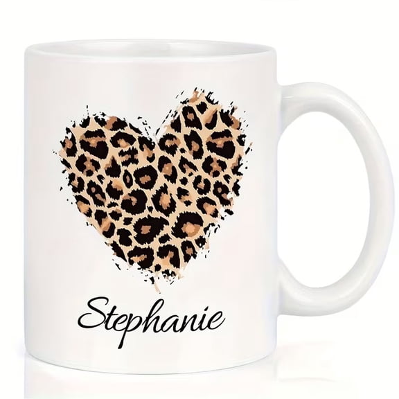 Personalized Leopard Heart Mug - Custom Name Coffee Cup with Elegant Cursive Lettering for Birthdays, Christmas, Anniversaries