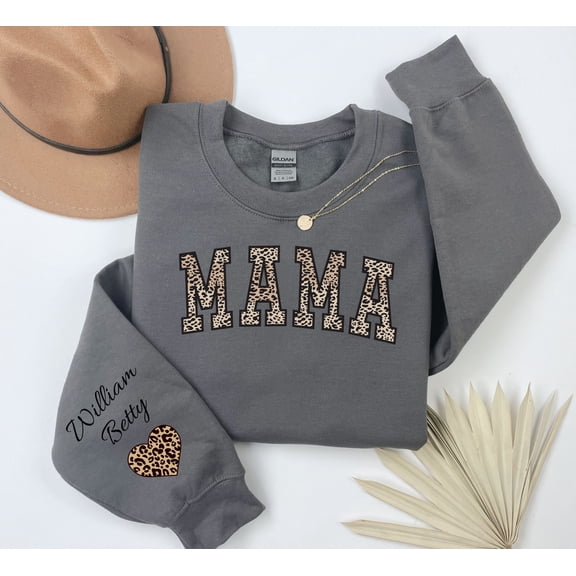 Personalized Leopard Mama Sweatshirt: Kids Names on Sleeve, Custom Mom Outfit, Mother's Day Sweater
