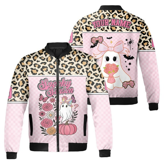 Personalized Leopard & Pink Halloween Bomber Jacket – Cute Ghost Spooky Season Design – Custom Name Fall Outerwear for Men & Women