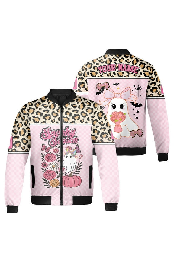Personalized Leopard & Pink Halloween Bomber Jacket – Cute Ghost Spooky Season Design – Custom Name Fall Outerwear for Men & Women
