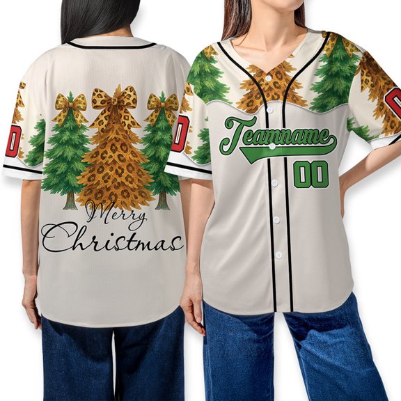 Personalized Leopard Print Christmas Tree Baseball Jersey Shirt For Women & Women – Custom Team Style Holiday Shirt – Merry Christmas Print, Holiday Baseball Jersey