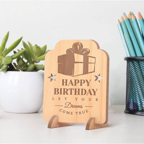Personalized Let Your Dreams Come True Wooden Happy Birthday Card feat Wrapped Presents