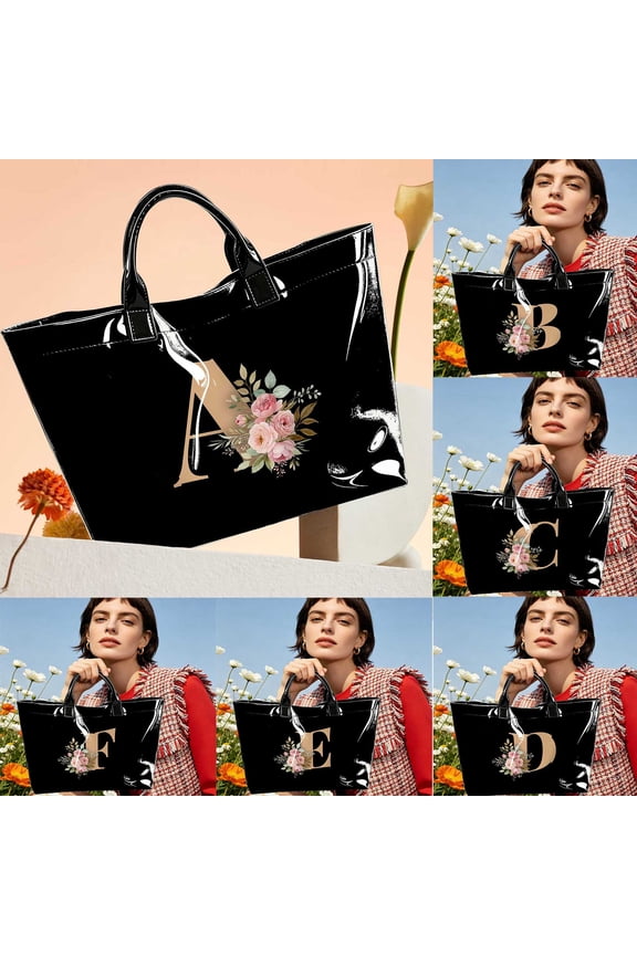 Personalized Letter A-Z Pink Floral Rose Print Black Patent Leather Tote Handbag | Large Capacity Bag for Women Shopping Travel Commuting | Gift for Mother's Day Valentine's Day