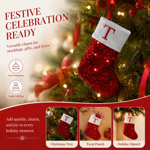 Personalized Letter Christmas Stocking, Red Sequin Hanging Stocking with Initial A-Z, Fireplace Gift Storage, Holiday Decor, Sold Individually