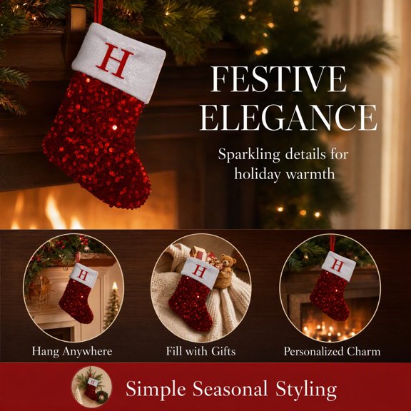 Personalized Letter Christmas Stocking, Red Sequin Hanging Stocking with Initial A-Z, Fireplace Gift Storage, Holiday Decor, Sold Individually