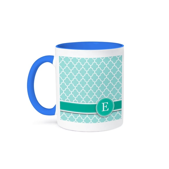3dRose, Personalized letter E aqua blue quatrefoil pattern Teal turquoise mint monogrammed personal initial, 15oz Two-Tone Blue Mug