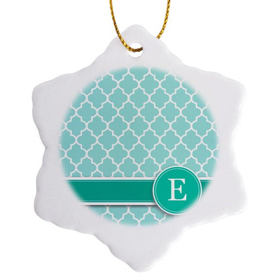 Personalized Letter E Aqua Blue Quatrefoil Pattern Teal Turquoise Mint Monogrammed Personal Initial, 3 inch Snowflake Porcelain Ornament