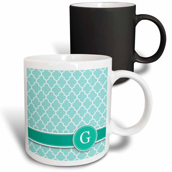 3drose, Personalized Letter G Aqua Blue Quatrefoil Pattern Teal Turquoise Mint Monogrammed Personal Initial, 11oz Magic Transforming Mug