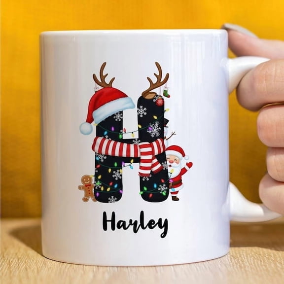 Personalized Letter H Christmas Coffee Mug Custom Name Harley Holiday Ceramic Cup with Santa, Reindeer Antlers, and Snowflake Design Perfect Festive Gift for Women, Men, Kids, Secret Santa