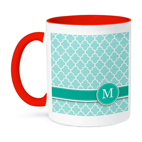 3dRose, Personalized letter M aqua blue quatrefoil pattern Teal turquoise mint monogrammed personal initial, 15oz Two-Tone Red Mug
