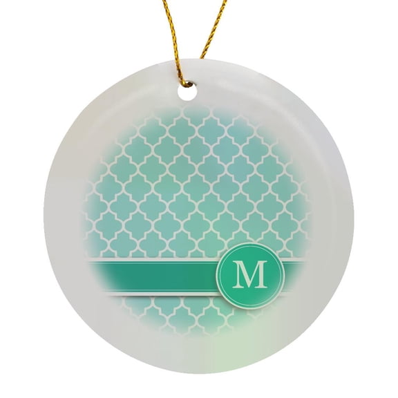 Personalized Letter M Aqua Blue Quatrefoil Pattern Teal Turquoise Mint Monogrammed Personal Initial, Circle Porcelain Ornament