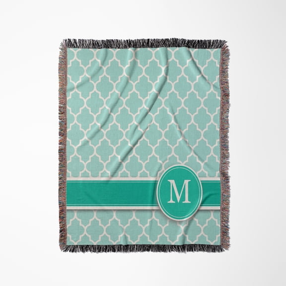 Personalized Letter M Aqua Blue Quatrefoil Pattern Teal Turquoise Mint Monogrammed Personal Initial, Woven Blanket