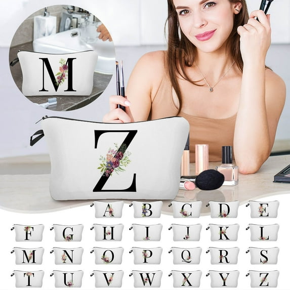Personalized Letter Makeup Bag | Floral Initial Design | Durable Polyester | 7.1x5.3in | Travel Cosmetic Organizer | Gifts for Women, Bridesmaids, Mom, Friends | Multipurpose Stylish Pouch