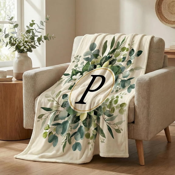 Personalized Letter P Throw Blanket Green Eucalyptus Leaves Initial Monogram Throw Blanket for Couch Sofa Bed