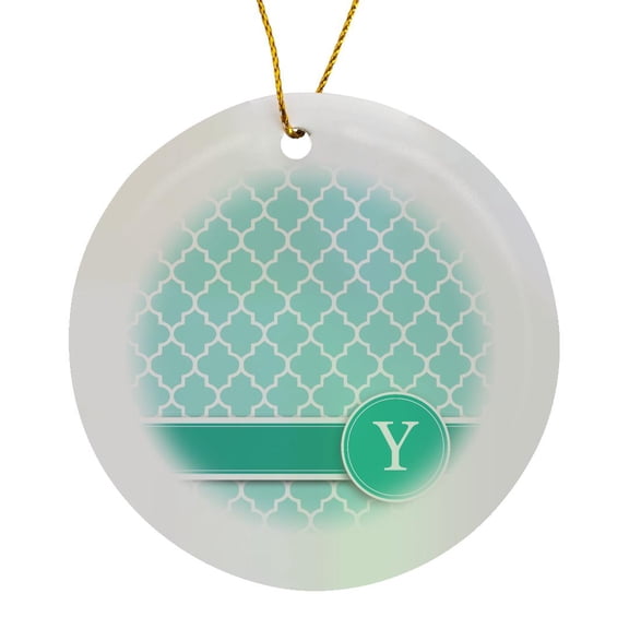 3drose, Personalized Letter Y Aqua Blue Quatrefoil Pattern Teal Turquoise Mint Monogrammed Personal Initial, Circle Porcelain Ornament