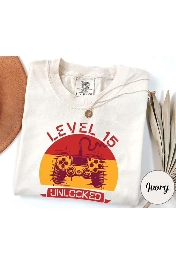 Personalized Level 15 Unlocked TShirt Custom Retro Gamer 15th Birthday Gift Video Game Tee