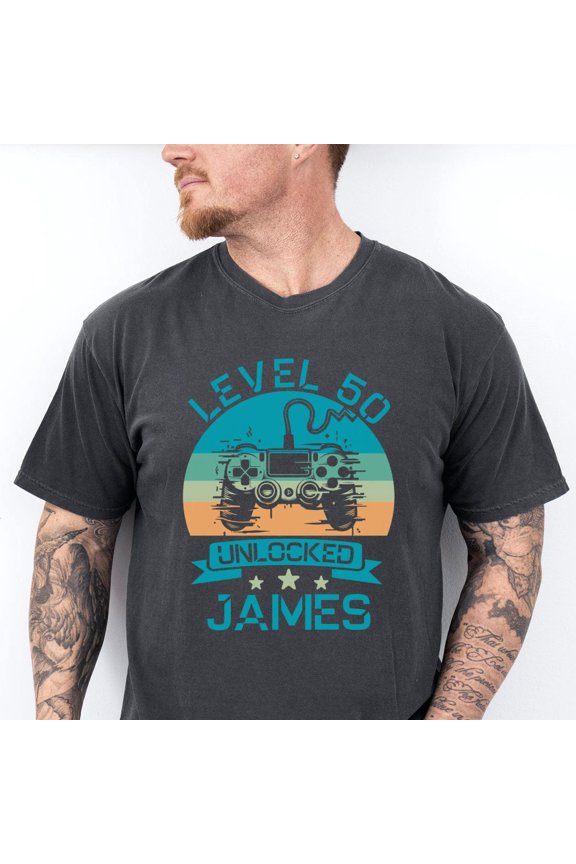 Personalized Level 50 Unlocked TShirt Custom 50th Birthday Gift Gamer Husband Fiftieth Bda