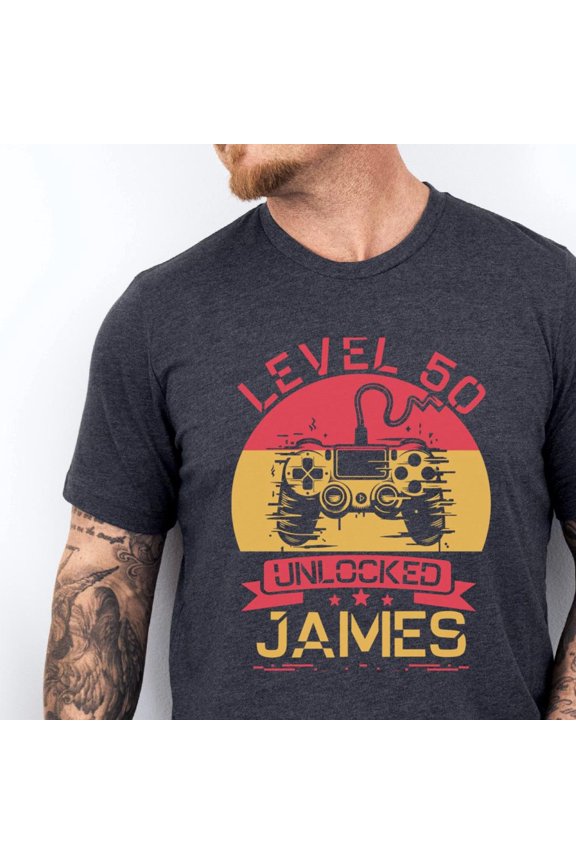 Personalized Level 50 Unlocked TShirt Custom 50th Birthday Gift Retro Video Game Lover Tee