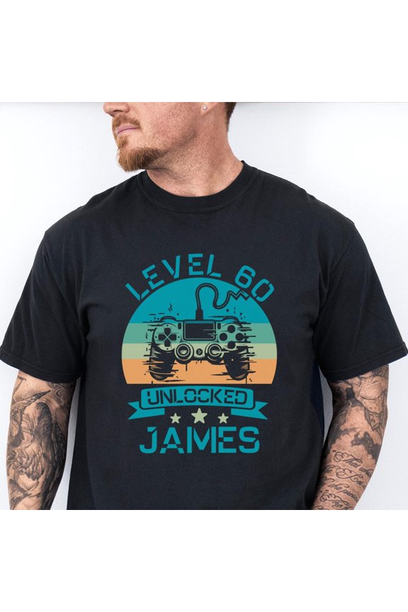 Personalized Level 60 Unlocked TShirt Custom Gamer 60th Birthday Tee Video Game Lover Retr