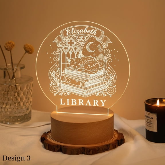 Personalized Library Book Stack Night Light, Flat 2D Acrylic Printed, Reading Nook Decor, Unique Gift For Bookworm