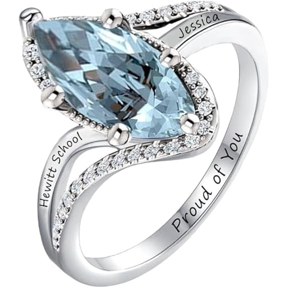 Personalized Light Blue Marquise Stone Ring Custom Name Year Inside Engraving For Graduation Gift 925 Sterling Silver