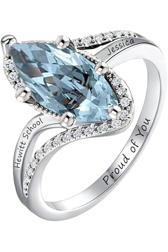 Personalized Light Blue Marquise Stone Ring Custom Name Year Inside Engraving For Graduation Gift 925 Sterling Silver