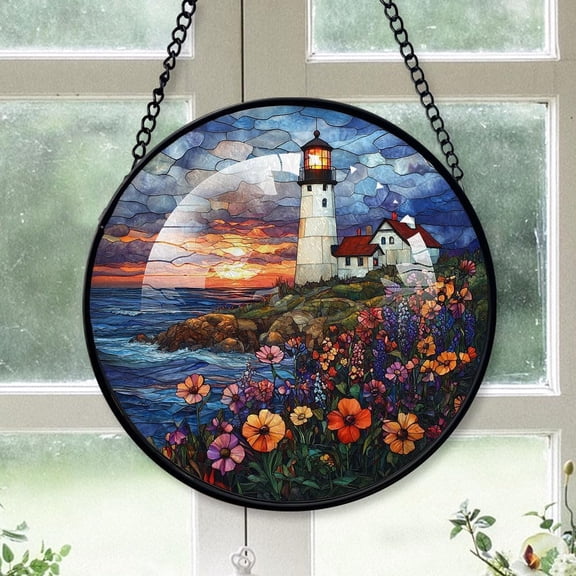 Personalized Lighthouse Coast Suncatcher Stained Glass Suncatchers, Lighthouse Coast Ornament for Sun Catcher Indoor Window, Lighthouse Coast Painted Glass Panel Décor 5sEe1d