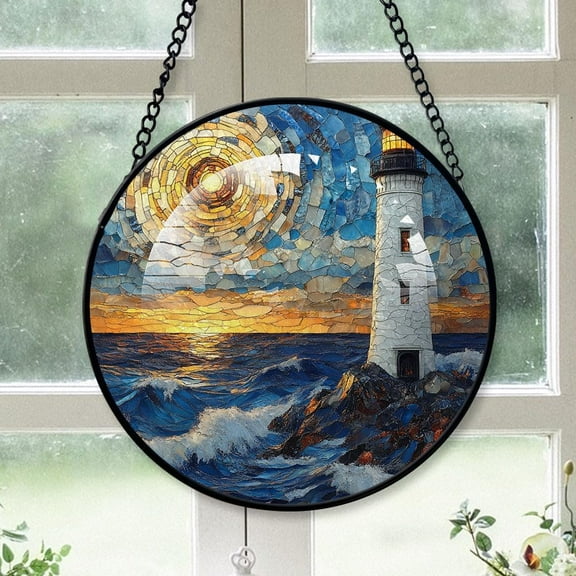 Personalized Lighthouse Suncatcher Stained Glass Suncatchers, Lighthouse Ornament for Sun Catcher Indoor Window, Lighthouse Painted Glass Panel Décor BQBkvH