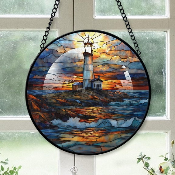 Personalized Lighthouse Suncatcher Stained Glass Suncatchers, Lighthouse Ornament for Sun Catcher Indoor Window, Lighthouse Painted Glass Panel Décor DuJJMR