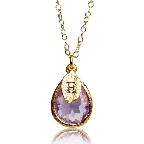 Personalized Lilac Necklace, February Birthstone Necklace, Teardrop Bridesmaid Necklace, Custom Initial Necklace, Birthday Gift for Her - 16" Rose Gold Plated