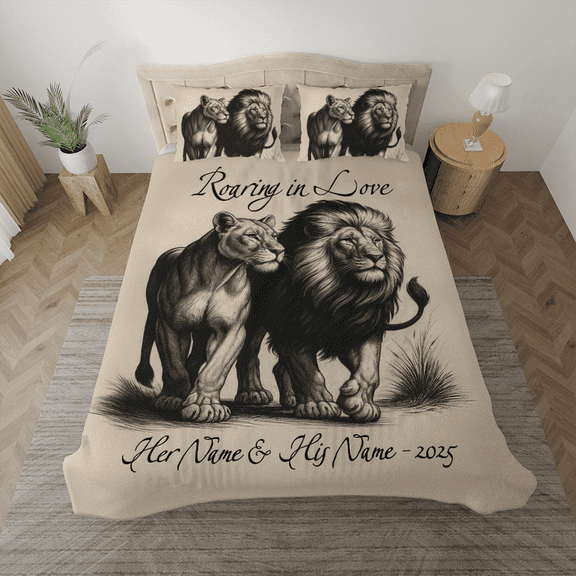 Personalized Lion Couple Bedding Set – Custom Names & Year, Roaring in Love Bedding, King and Queen Lions Duvet Cover with Pillowcases, Romantic Animal Bedroom Decor