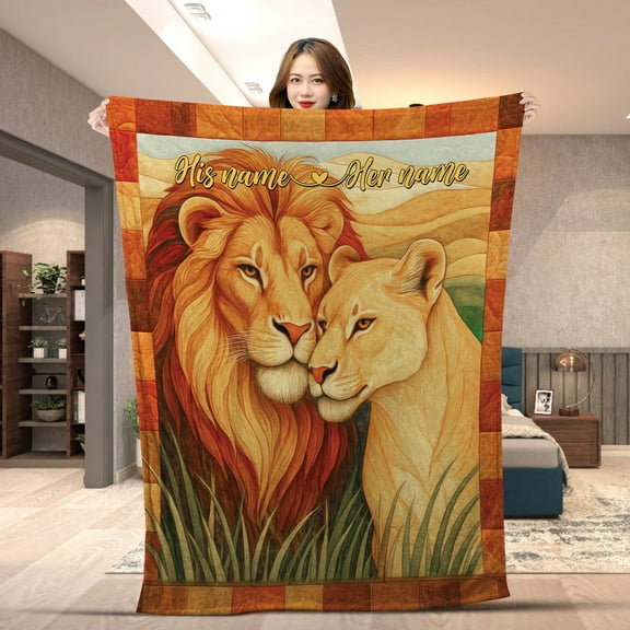 Personalized Lion Couple Blanket – Custom His and Her Name Romantic Wildlife Throw, King and Queen of Jungle Gift for Couples Fleece & Sherpa Blanket