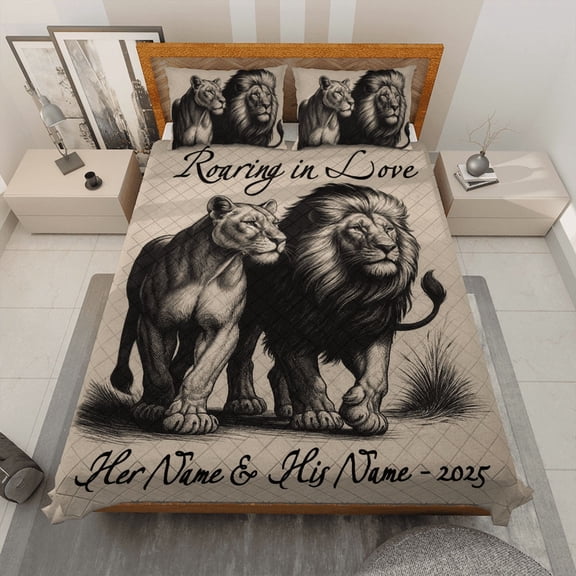 Personalized Lion Couple Quilt Bedding Set – “Roaring in Love” Custom His & Her Names and Year – Romantic Anniversary Gift