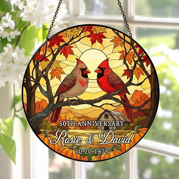 Personalized Lovebirds Glass Suncatcher, Wedding Anniversary Gift for Couple, Custom Names Window Hanging, Golden Anniversary Decor, 3.5 in