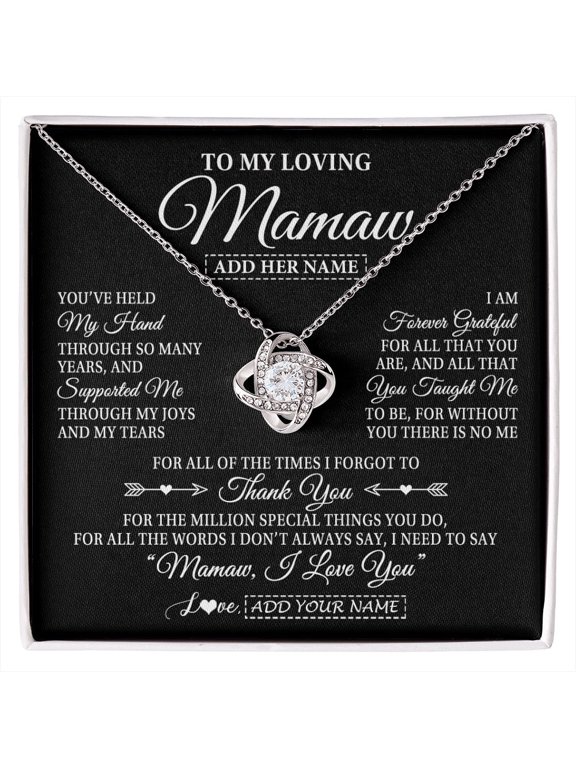 Personalized To My Loving Mamaw Necklace From Granddaughter You've Help My Hand Mamaw Gift From Grandson Birthday Mothers Day Custom Gift Box Message Card, White Love Knot Necklace