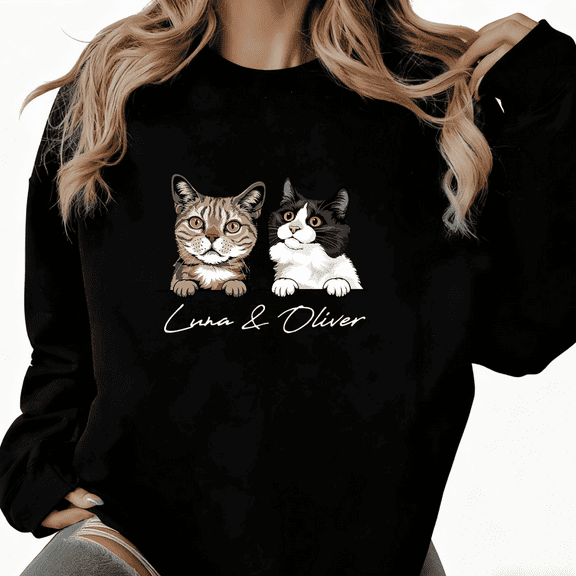 Personalized "Luna & Oliver" Cat Graphic Regular Fit Tee T-Shirt Print Top Round-neck long-sleeved Black S-3XL