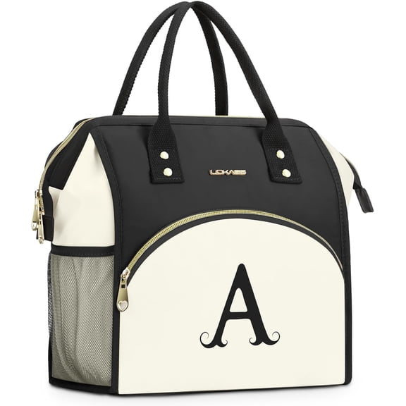 Personalized Lunch Bag for Women, Preppy Reusable Insulated Initials Lunch Box Gift for Friend Large Wide-Open Water Resistant Adult Cooler Tote Bag for Work, Travel, Picnic - A